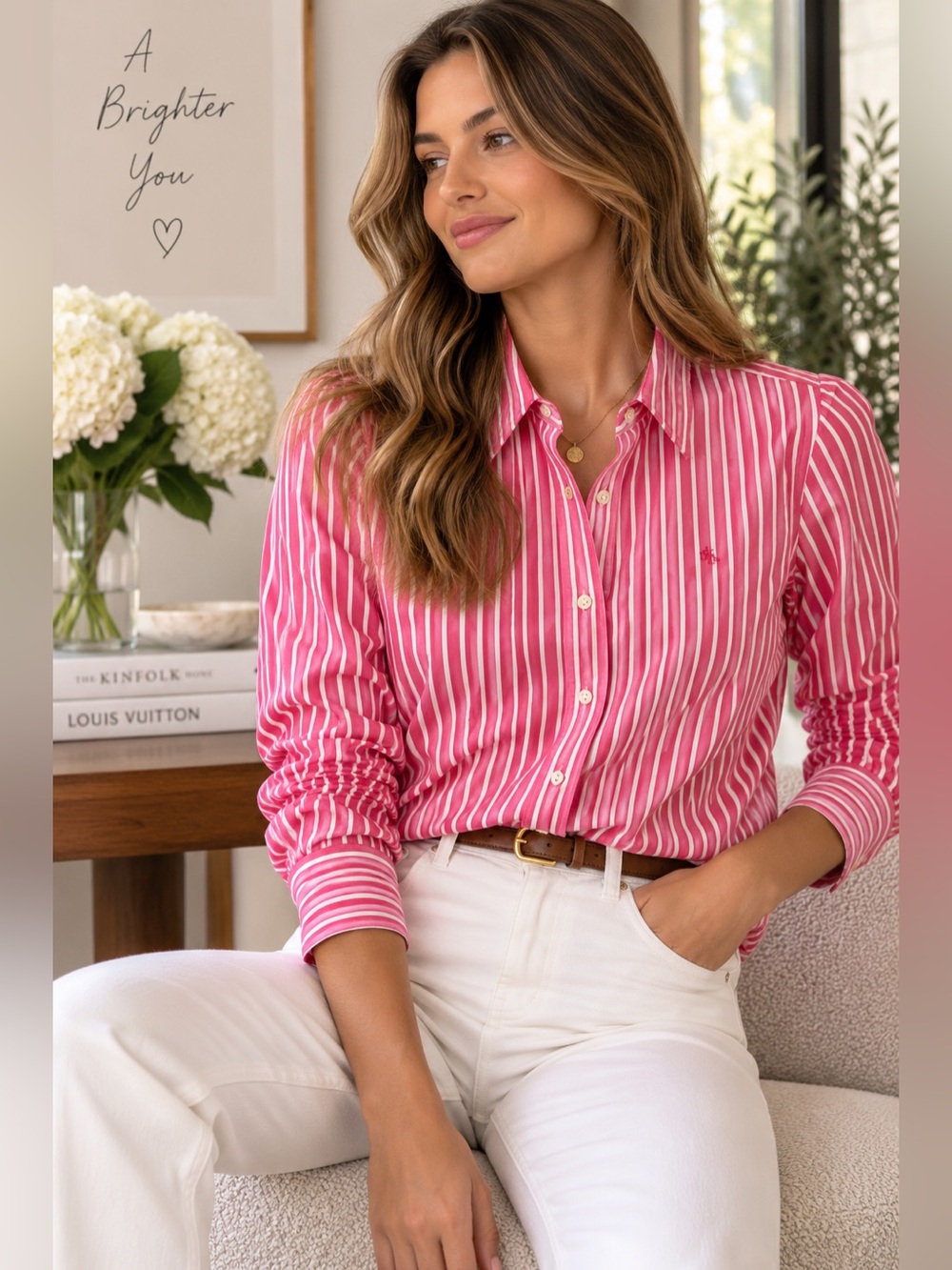 Lauren Ralph Lauren Women’s Pink White Striped Non-Iron Shirt Size S Like New